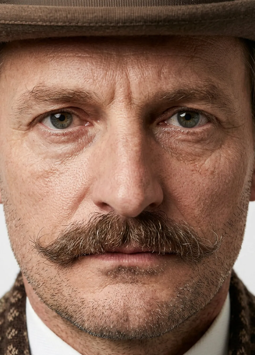Retrat frontal d'Edvard Munch, amb barret i bigoti.