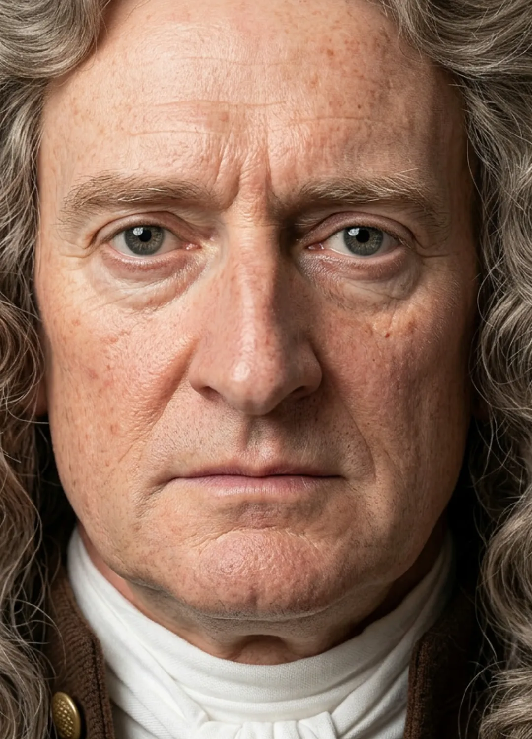 Retrat frontal d'Isaac Newton, amb perruca llarga i arrissada.