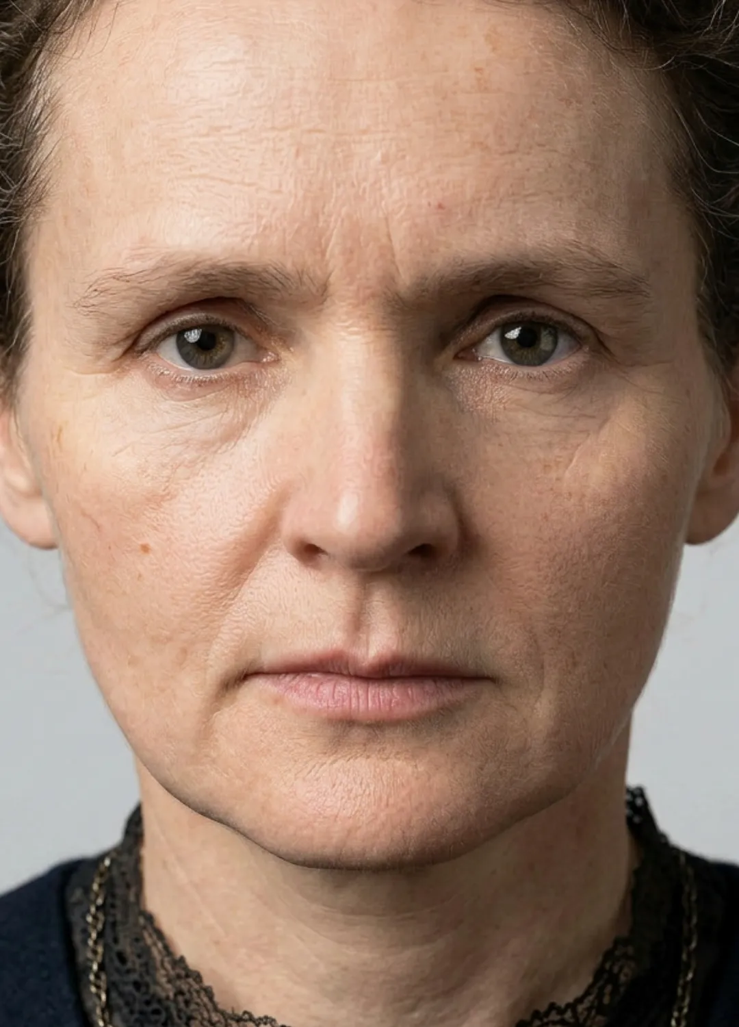 Retrat frontal de Marie Curie, de mirada directa.